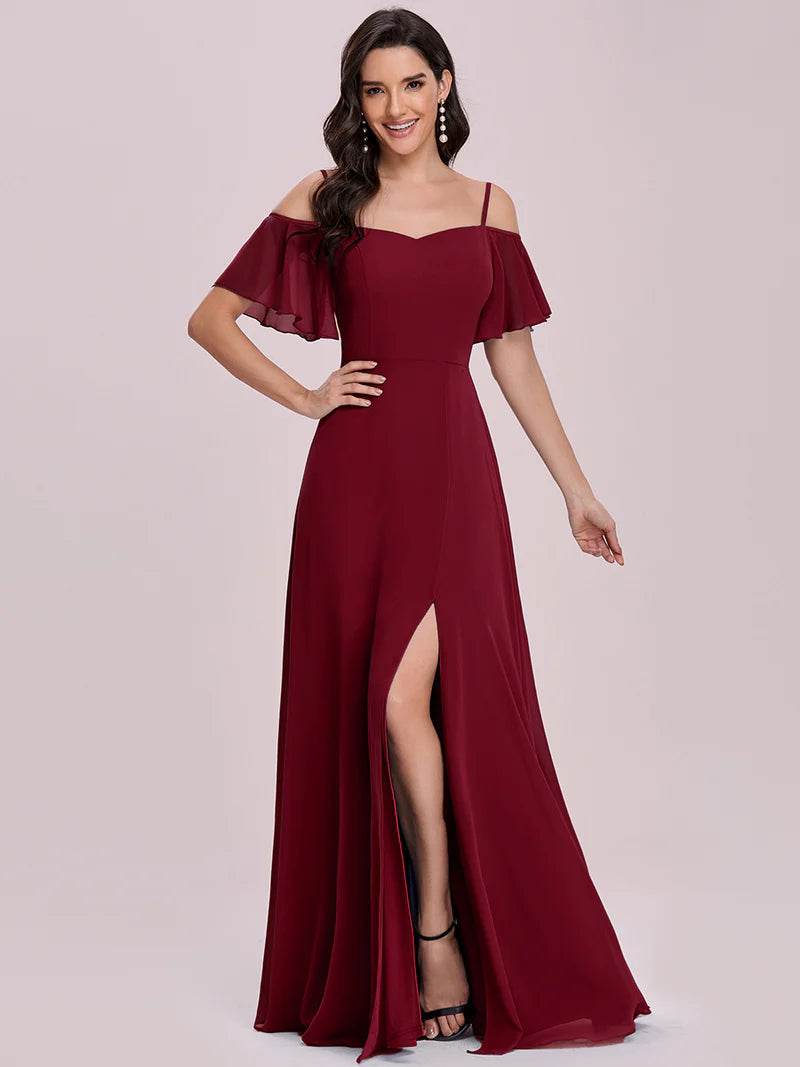 Chiffon Bridesmaid Dress – Spaghetti Straps & High Slit Design - Biamonde
